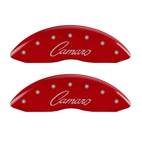 MGP Caliper Covers Camaro Classic Cursive Logo Red Finish Silver Characters (10-14 Camaro) 14033SCCSRD