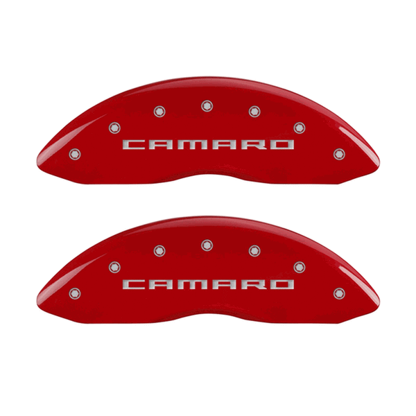 MGP Caliper Covers Gen 5 Camaro & RS Logo Red Finish Silver Characters (10-15 Camaro) 14033SCR5RD