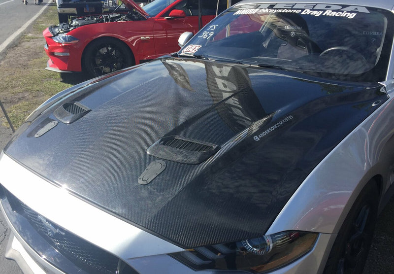 ANDERSON COMPOSITES TYPE-OE DOUBLE SIDED CARBON FIBER HOOD (2018-2021 MUSTANG GT/ECO)