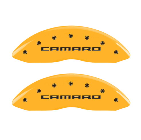 MGP Caliper Covers Gen 5 Camaro Logo Yellow Finish Black Characters (10-15 Camaro) 14033SCA5YL