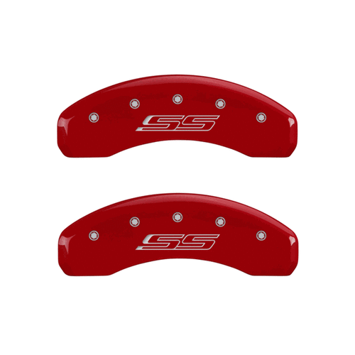 MGP Caliper Covers Gen 5 Camaro & SS Logo Red Finish Silver Characters (10-15 Camaro SS) 14036SCS5RD